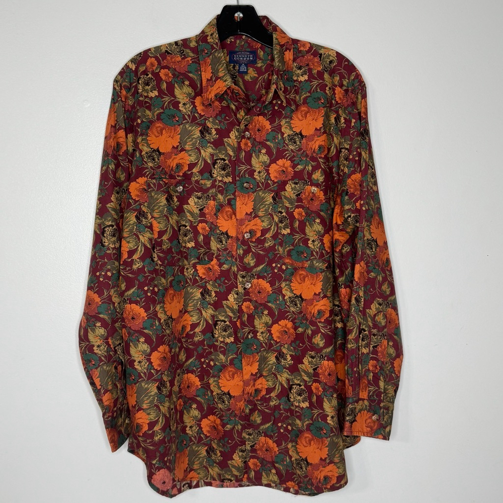 Vtg Kenneth Gordon Burgundy Floral Fall Thanksgiving Long Sleeve Shirt Size M